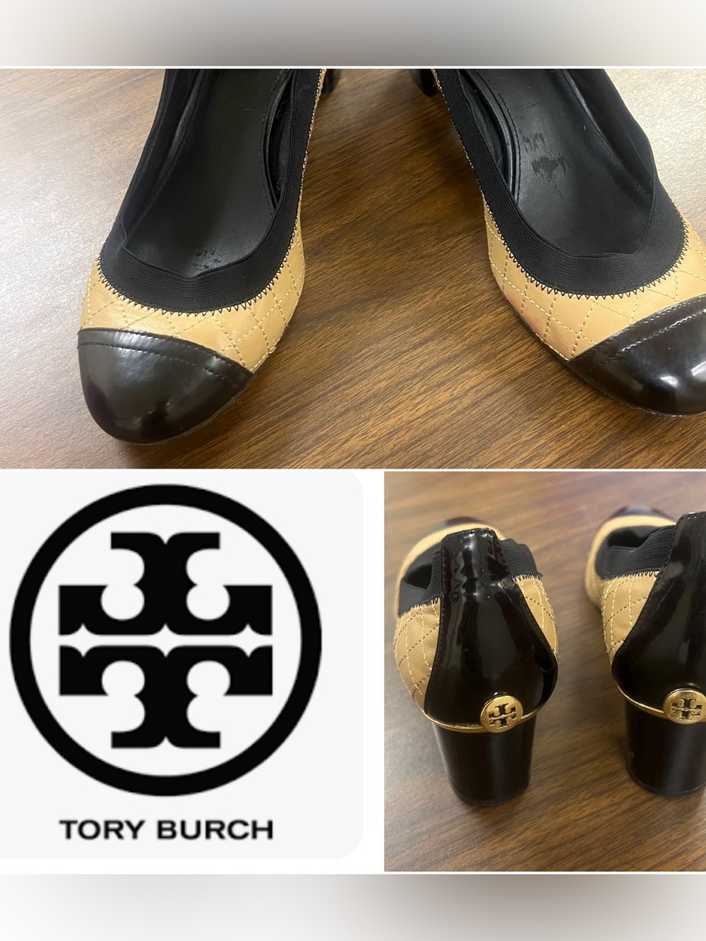 Tory Burch Quilted Two-Tone Block Heel Pumps in Beige and Black